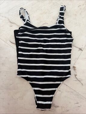 Balmain Fire + Ice Black and White Striped One Piece Bathing Suit szM